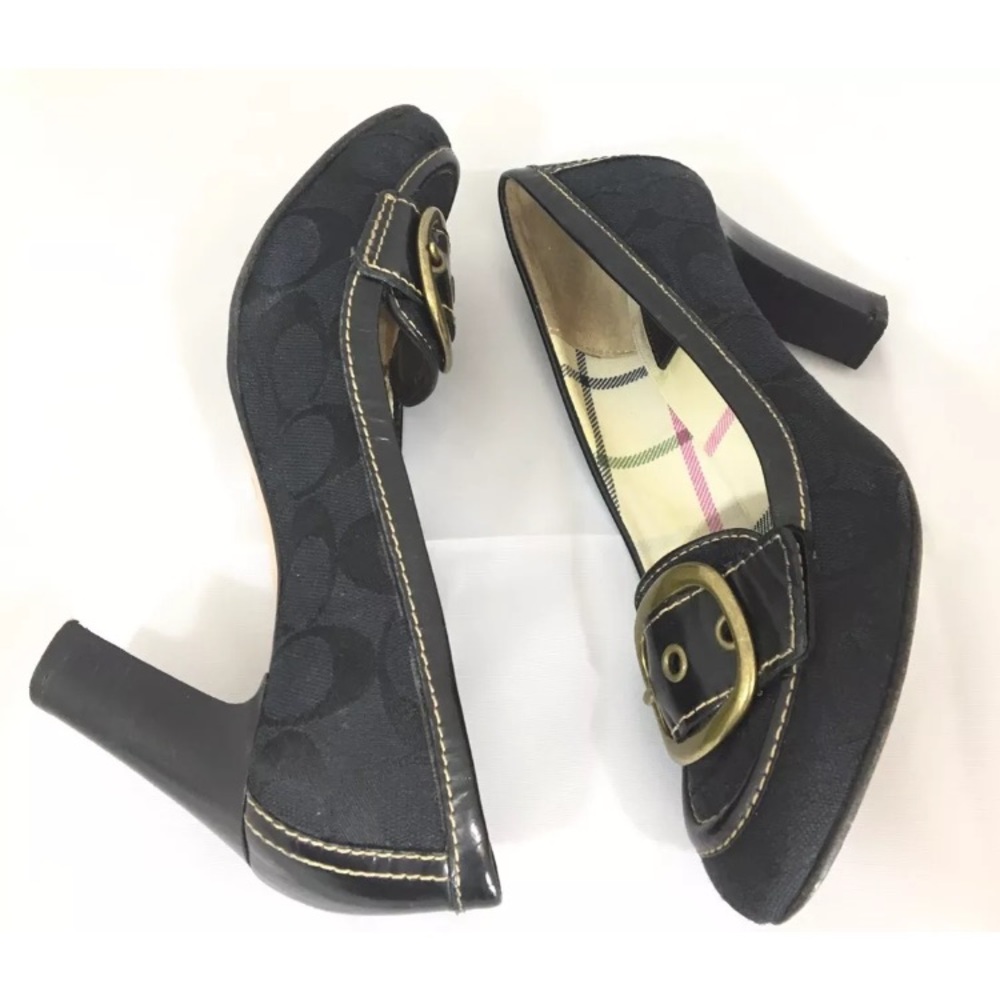 Coach Black Signature Canvas & Leather Buckle High Heels Size 6 - Picture 5 of 8